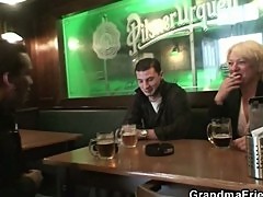 Drunk granny having fun with two guys